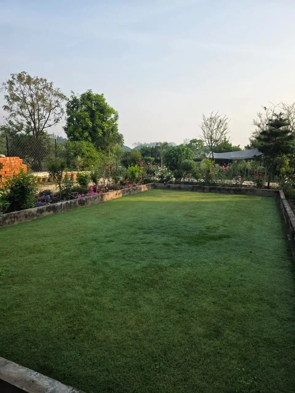 A neat lawn bordered by flowering plants and trees.